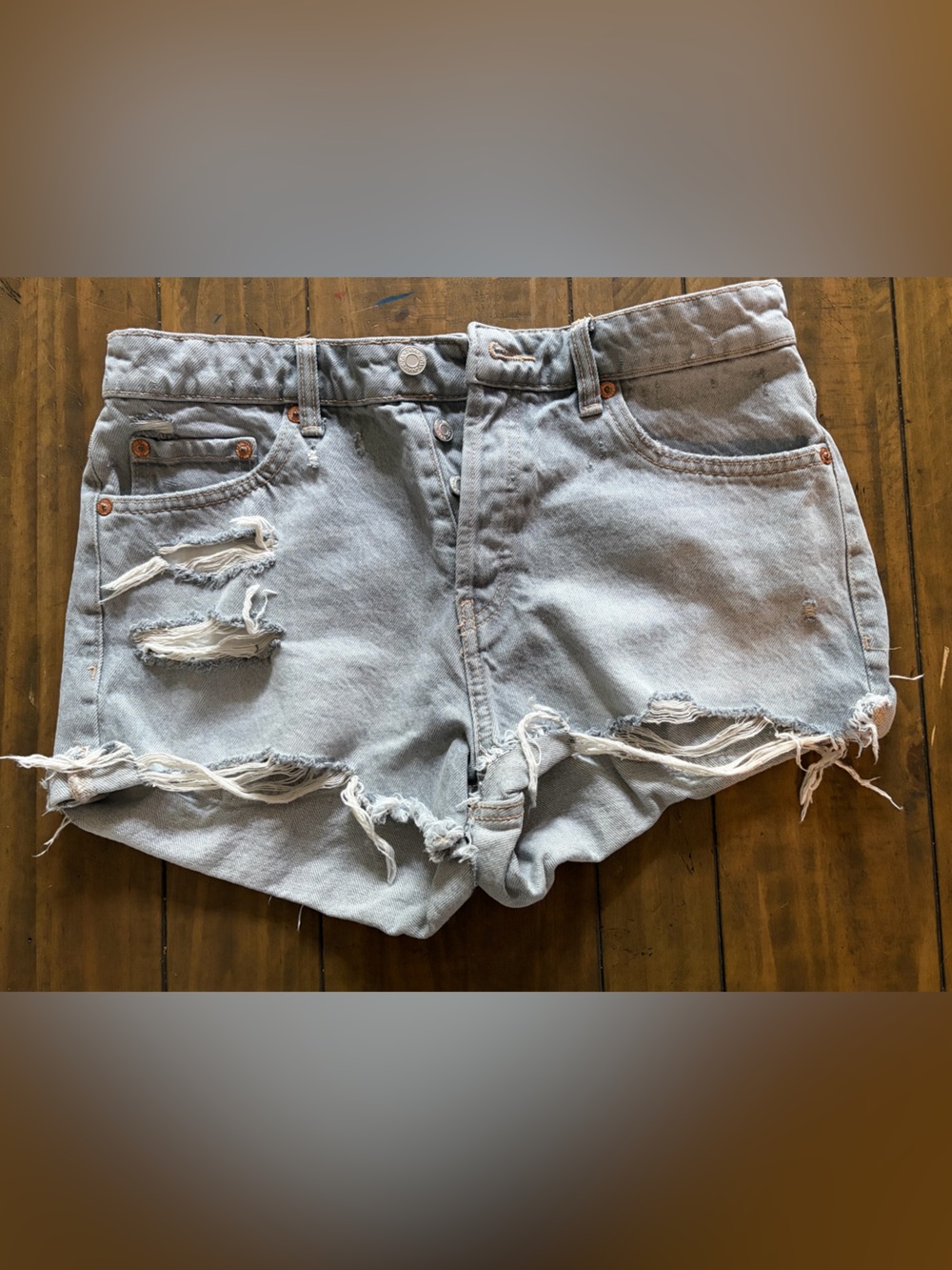 Zara Light Blue Denim Shorts with Tan Stitching